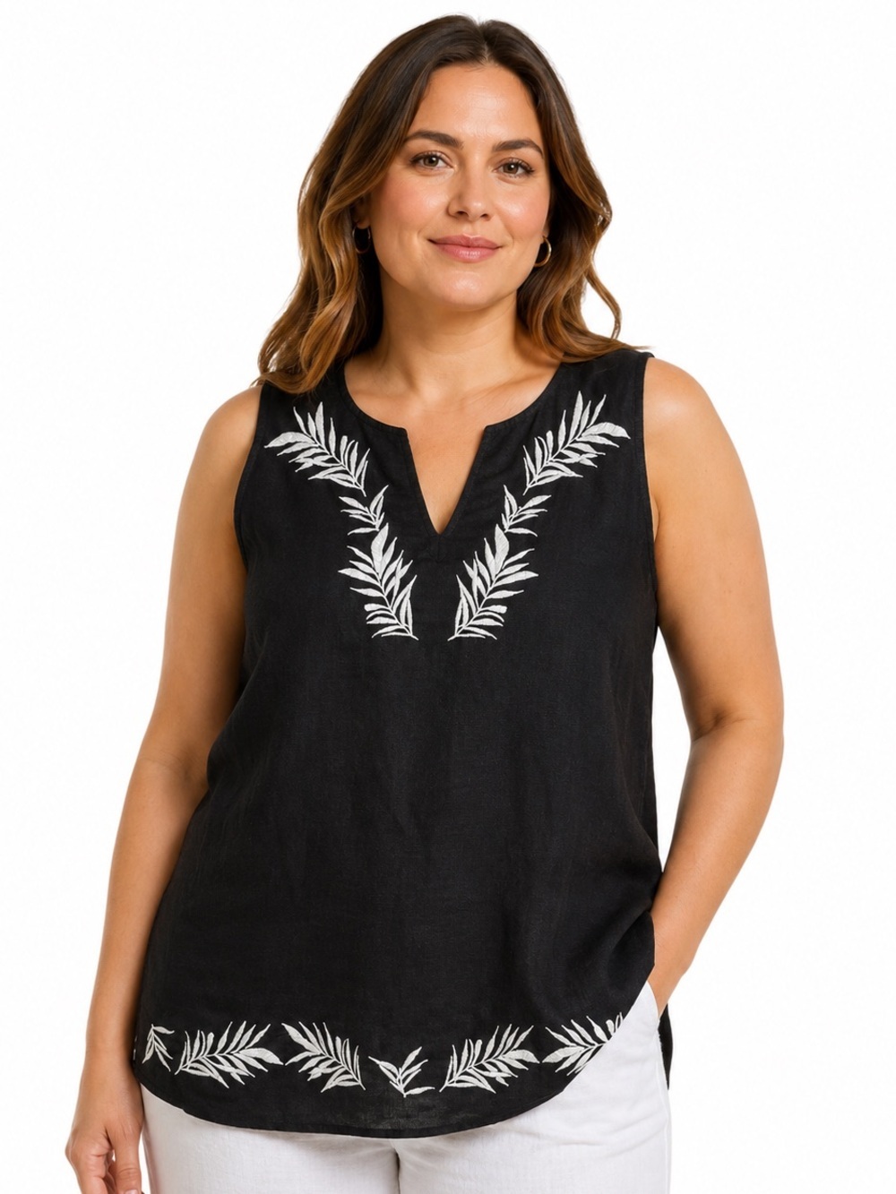 Linen Embroidered Tunic Tropical Beach Coastal 
Lightweight Resortwear Sz L